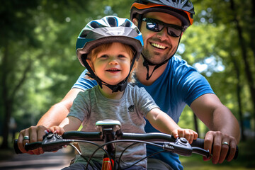 Naklejka premium Dad and son ride a bike.