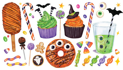 Watercolor Halloween sweets and food isolated elements set. trick and treat candies, spooky desserts cupcakes, donuts lollipops and candy cane