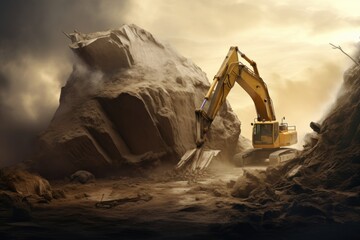 Excavator In Herculean Task Of Pushing Gigantic Rock
