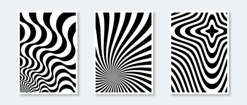 Sunburst and waves posters collection. Wavy sunbeams elements set. Black and white monochrome wave templates for cover, banner, invitation, flyer. Abstract art wallpaper pack. Vector Illustration
