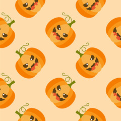 Cute Orange Jack-O-Lantern Halloween Pumpkins Seamless Pattern