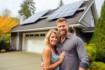 Happy Homeowners Smiling In Driveway Of Solar-Powered Mansion
