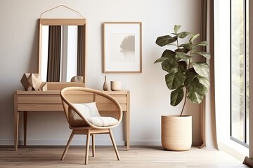 Scandinavian Minimalist Living Room Photo frame with Natural Light and Elegant chair with Generative AI