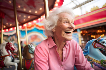 Obraz premium happy retired seniorwoman at fairground enjoying retirement