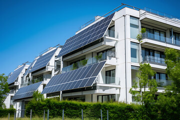 Solar panels on the roofs of the balconies of a residential building