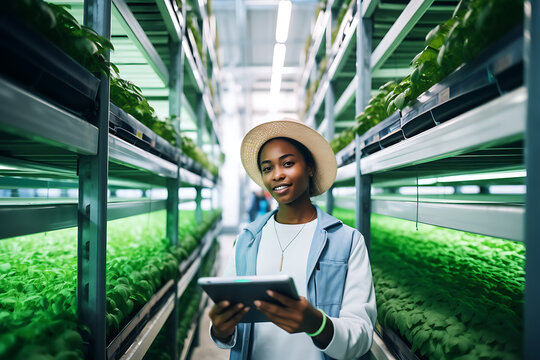 African American Female Sustainability Specialist Notes the Growth of Crop Indoors. Woman looking at the camera and smiling