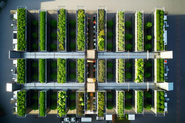 Vertical farm during the daytime. Drone view