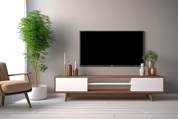 Television put on tv stand wood table, in minimal empty spave room background white wall Generative AI