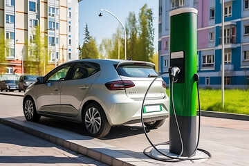 Fototapeta na wymiar An electric car stands near an electric filling station