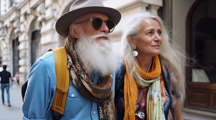 Old tourist people having fun traveling around the world - Travel, relationship and joyful elderly lifestyle concept.