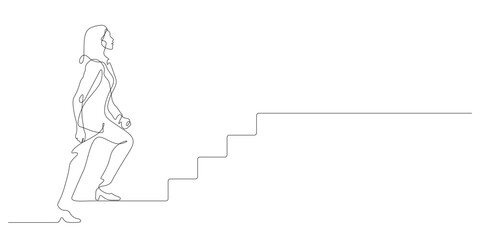businesswoman walking upward to success stairs in continuous line drawing