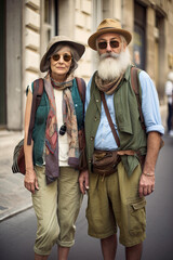 Fototapeta premium Old tourist people having fun traveling around the world - Travel, relationship and joyful elderly lifestyle concept.