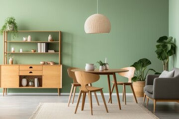 Mint-Colored Chairs Surrounding Wooden Dining Table in Modern Room
