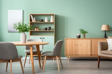 Fototapeta na wymiar Mid-Century Modern Living Room with Green Accents 