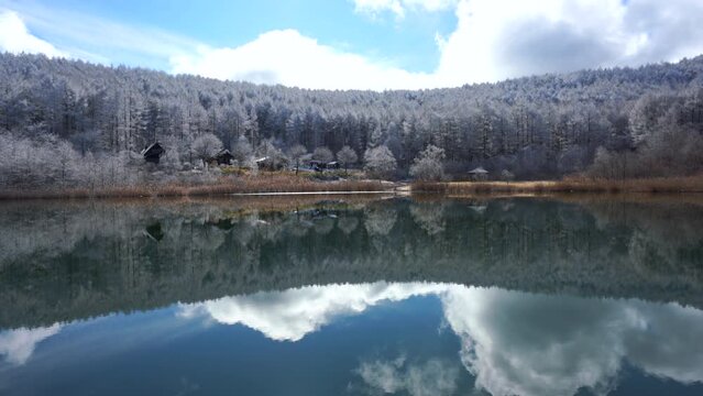 日本の長野県、聖高原の池に映る霧氷の雪景色。