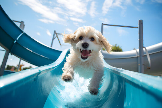 summer portrait of happy puppy on waterslide at waterpark