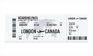 Realistic airline ticket design with passenger name. Vector illustration on white background.