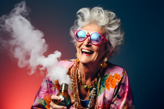 happy retired senior woman smoking medicinal bong