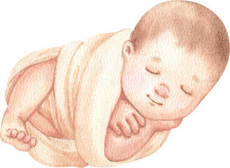 Newborn Baby Girl gift. Watercolor hand drawn illustrations with pink elements for baby shower isolated on white background.