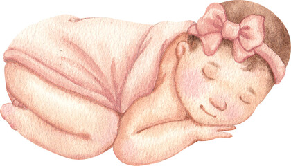 Newborn Baby Girl gift. Watercolor hand drawn illustrations with pink elements for baby shower isolated on white background.