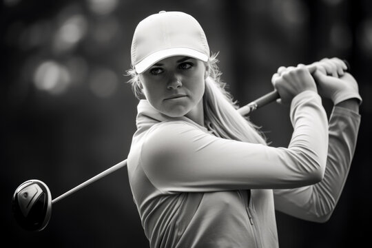 Black and white image of blonde professional female golfer swinging the golf club