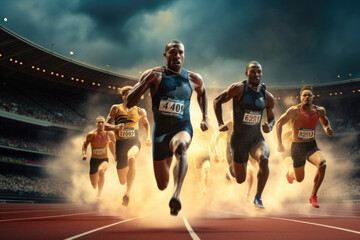 Multiple sprinters running for the gold medal in a big stadium at the olympic games in paris 2024 - obrazy, fototapety, plakaty