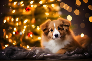 christmas dog bokeh tree lights festive studio background