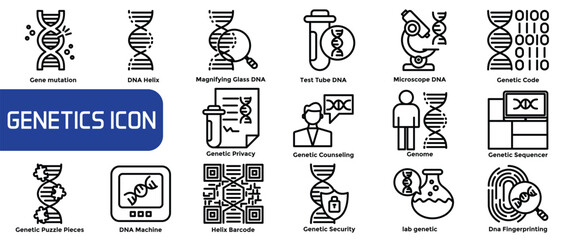 Genetics isolated icons set. Set of genes, DNA structure, chromosomes, genetic engineering, test tubes, GMO products, virus, cells, microscope, science lab vector icon © tru3_Art