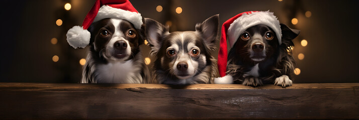 Christmas portrait of 3 dogs wearing Santa Claus hats, festive banner