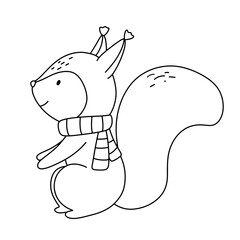 Cute squirrel with scarf. Funny outline childish illustration for coloring book