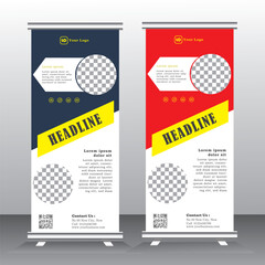 roll up banner vertical template design, for brochure, business, flyer, stand banner. modern x-banner and standee banner for advertising. vector illustration pull up banner with yellow and red color, 