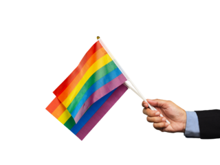 Close-up of a hand holding rainbow flags against a transparent background.