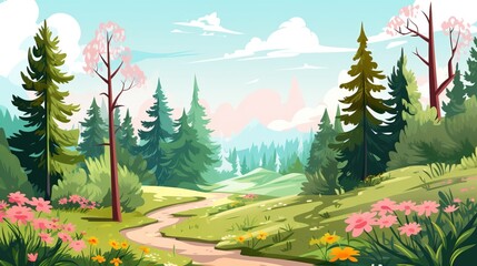 Landscape of a beautiful spring park. Beautiful spring background, clouds on the blue sky. cartoon illustration.