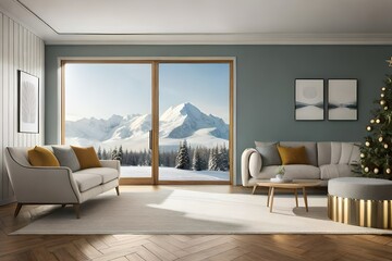 modern living room with white sofa and beautiful snowy mountain view from window generated by AI tool 