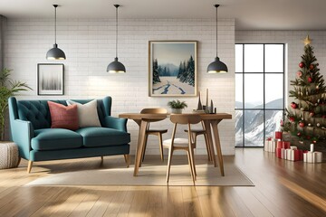 modern living room with white sofa and beautiful snowy mountain view from window generated by AI tool 