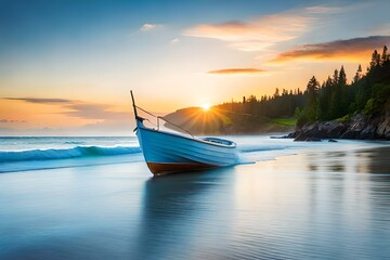 waves and boat on beach at sunrise as background generated by AI tool