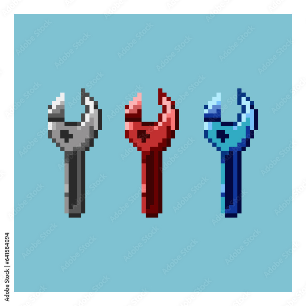 Poster pixel art sets of wrench with variation color items asset. white,red,and blue wrench on pixelated st