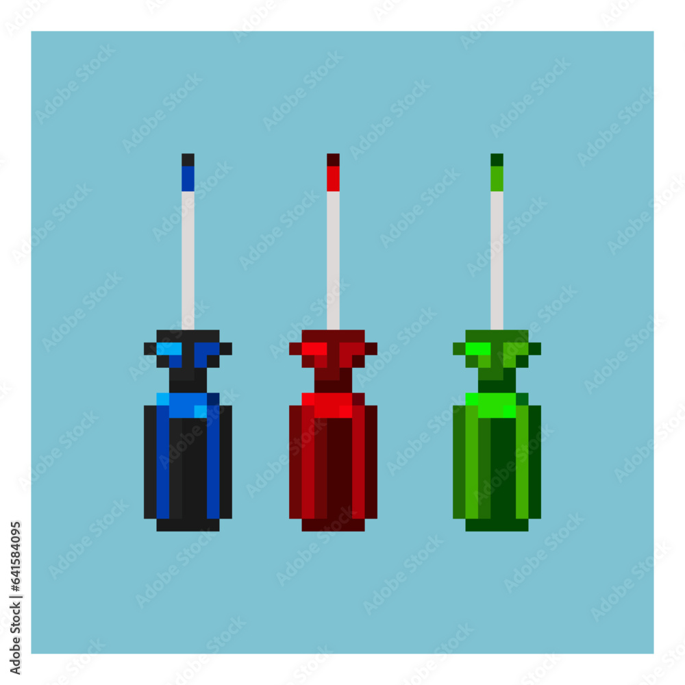Poster pixel art sets of screwdriver with variation color items asset. blue,red,and green screwdriver tool 