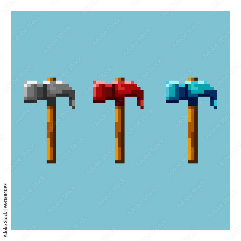 Poster pixel art sets of small hammer with variation color items asset. white,red,and blue hammers on pixel