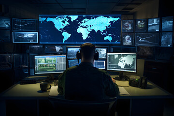 A Military Surveillance Officer is working in a central office hub to manage national security and army communications through a tracking operation focused on cyber control and monitoring