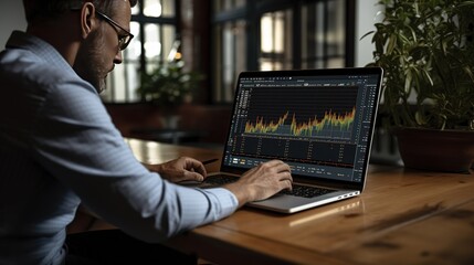 a professional bussinesman looking market chart on a laptop in focus laptop screen, Generative AI