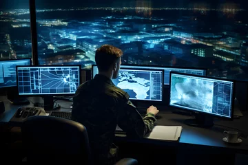 Photo sur Plexiglas Chemin de fer A Military Surveillance Officer is working in a central office hub to manage national security and army communications through a tracking operation focused on cyber control and monitoring