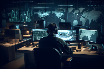 A Military Surveillance Officer is working in a central office hub to manage national security and army communications through a tracking operation focused on cyber control and monitoring