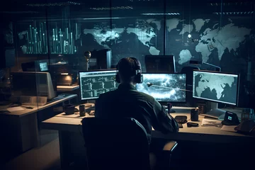 Cercles muraux Chemin de fer A Military Surveillance Officer is working in a central office hub to manage national security and army communications through a tracking operation focused on cyber control and monitoring
