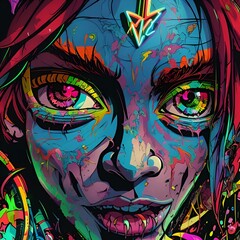  A Captivating Journey Through the Mind's Canvas - An Enigmatic Woman Illustrated in Dynamic Cartoon Style with Radiant Neon Hues and Intriguing Splashes of Hallucinogenic Brilliance. A Symphony of Mo