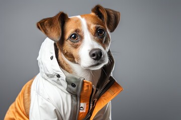 Fototapeta premium portrait of a dog in clothes with a hood.