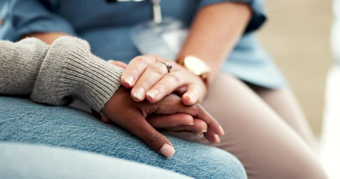 Nurse, holding hands and empathy for patient with mental health, crisis or kindness in healthcare, clinic or hospital. People, together and doctor with support, compassion and help for woman in pain