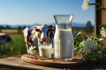Fresh milk in glass on wooden table , Landscape with cows and green grass on the background , Created with Generative Ai Technology