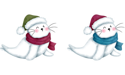 Set of adorable baby seals wearing a colorful scarf and santa hat.Christmas animals watercolor illustration.