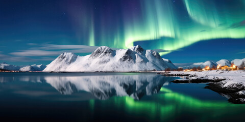 Naklejka premium Aurora borealis over the sea, snowy mountains and city lights at night. Northern lights in Lofoten islands, Norway. Starry sky with polar lights. Winter landscape with aurora, reflection, sandy beach